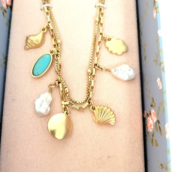 Lucky Brand Necklace Women's Semi Precious Accent Freshwater Pearl Gold 2 strand - Picture 2 of 9